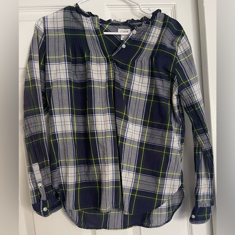 J CREW Plaid Tunic Blue Green Size 4 Lightweight Cabincore  Preppy Womens Top